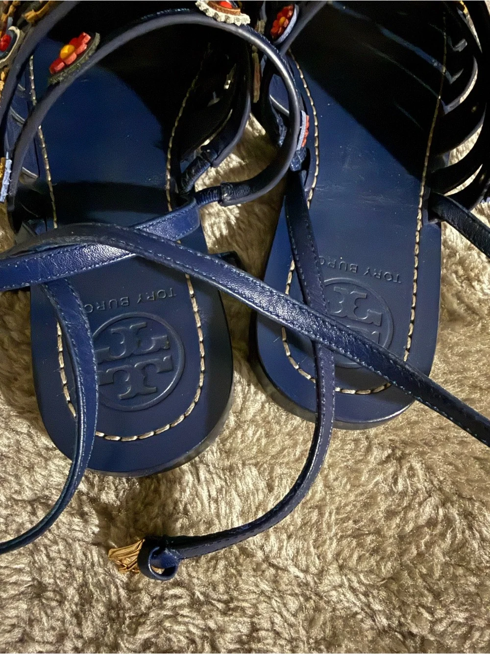 Tory Burch Navy Marguerite Leather Strappy Sandals